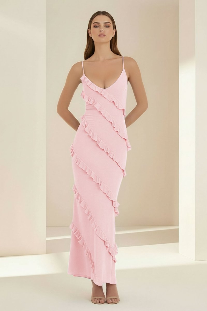 Sky Blue Halter Sheath Satin Backless Long Wedding Guest Dress With Ruffles - Curvevia