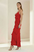 Sky Blue Halter Sheath Satin Backless Long Wedding Guest Dress With Ruffles - Curvevia