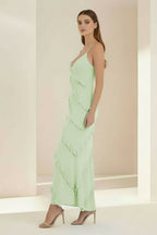 Sky Blue Halter Sheath Satin Backless Long Wedding Guest Dress With Ruffles - Curvevia
