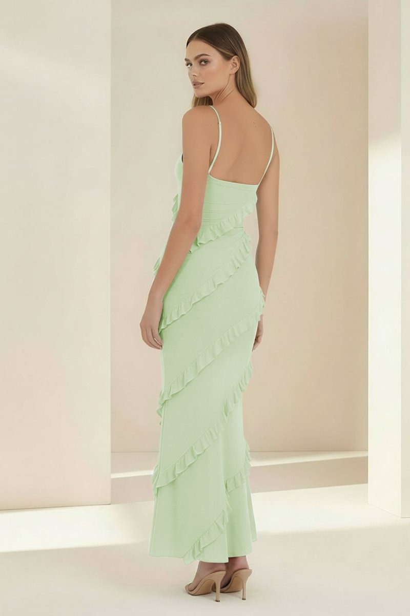 Sky Blue Halter Sheath Satin Backless Long Wedding Guest Dress With Ruffles - Curvevia