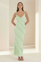 Sky Blue Halter Sheath Satin Backless Long Wedding Guest Dress With Ruffles - Curvevia