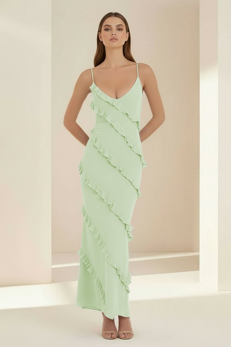 Sky Blue Halter Sheath Satin Backless Long Wedding Guest Dress With Ruffles - Curvevia