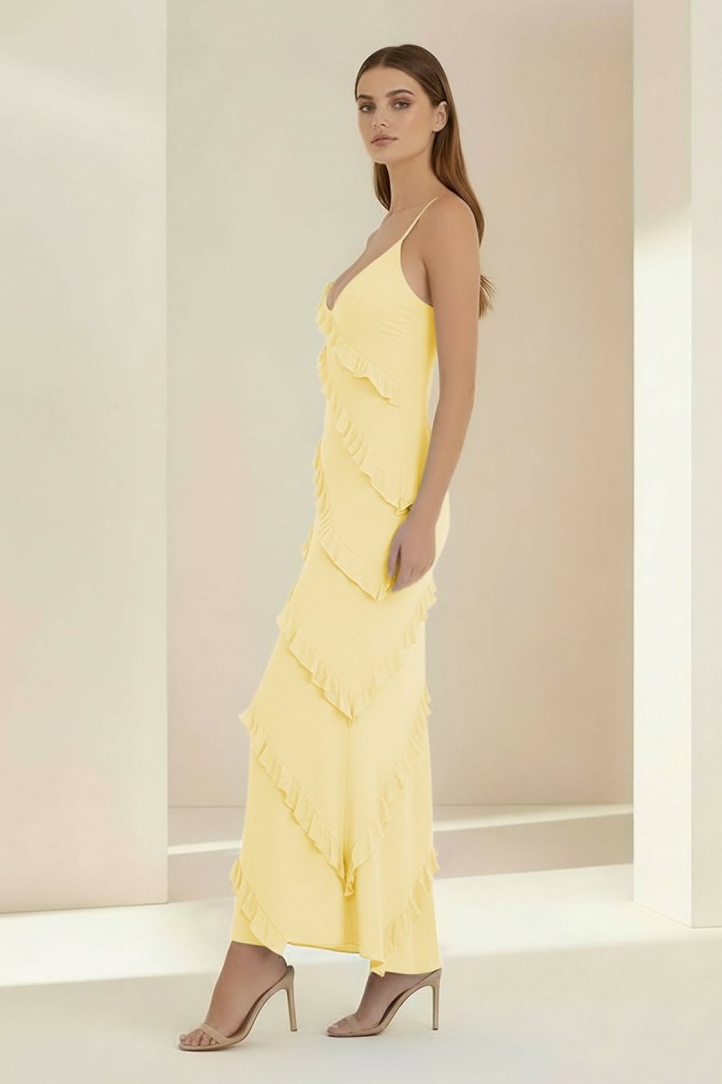 Sky Blue Halter Sheath Satin Backless Long Wedding Guest Dress With Ruffles - Curvevia