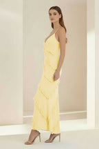 Sky Blue Halter Sheath Satin Backless Long Wedding Guest Dress With Ruffles - Curvevia