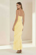 Sky Blue Halter Sheath Satin Backless Long Wedding Guest Dress With Ruffles - Curvevia
