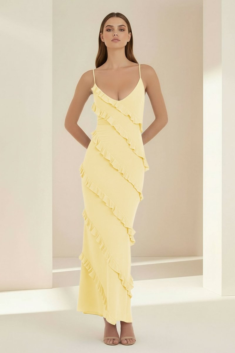 Sky Blue Halter Sheath Satin Backless Long Wedding Guest Dress With Ruffles - Curvevia
