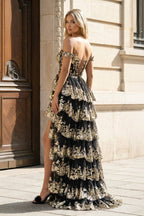 Gold Off the Shoulder Sequin Long Prom Dress with Slit - Curvevia