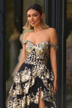 Gold Off the Shoulder Sequin Long Prom Dress with Slit - Curvevia