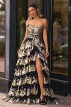 Gold Off the Shoulder Sequin Long Prom Dress with Slit - Curvevia