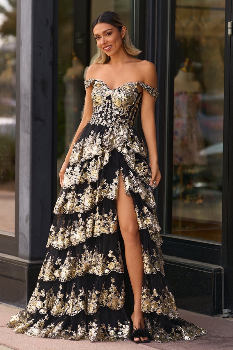 Gold Off the Shoulder Sequin Long Prom Dress with Slit - Curvevia