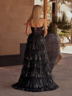 Sky Blue A Line Strapless Ruffle Sequin Lace Wedding Guest Dress - Curvevia