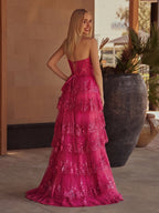 Sky Blue A Line Strapless Ruffle Sequin Lace Wedding Guest Dress - Curvevia