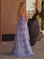 Sky Blue A Line Strapless Ruffle Sequin Lace Wedding Guest Dress - Curvevia