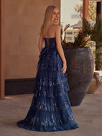 Sky Blue A Line Strapless Ruffle Sequin Lace Wedding Guest Dress - Curvevia