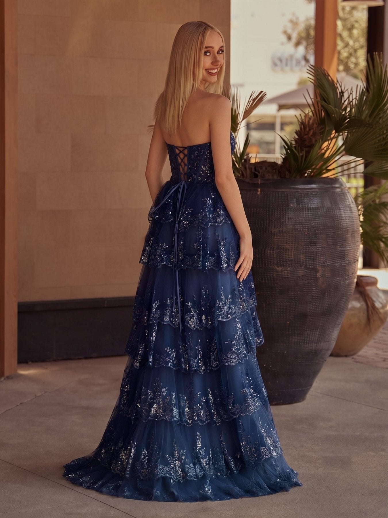 Sky Blue A Line Strapless Ruffle Sequin Lace Wedding Guest Dress - Curvevia