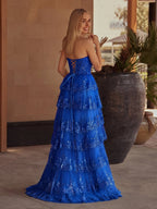 Sky Blue A Line Strapless Ruffle Sequin Lace Wedding Guest Dress - Curvevia