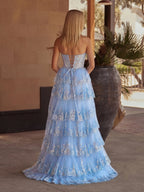 Sky Blue A Line Strapless Ruffle Sequin Lace Wedding Guest Dress - Curvevia