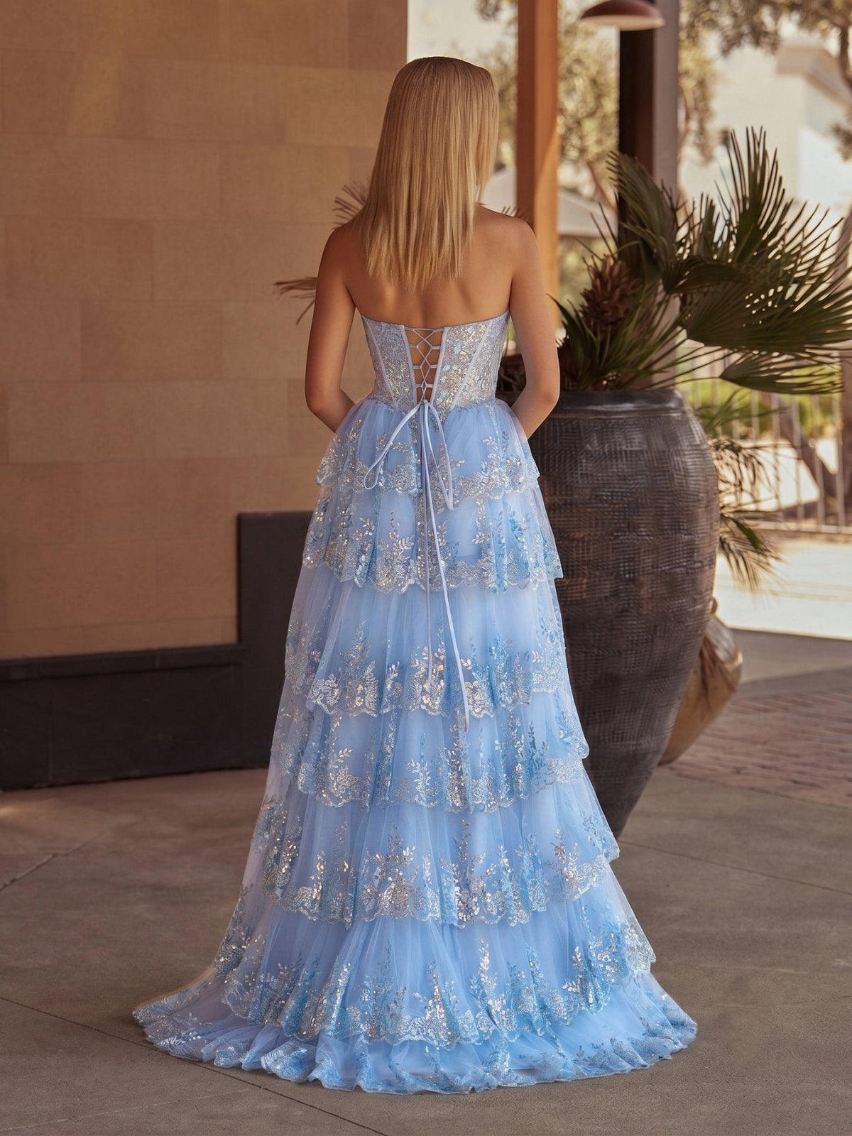 Sky Blue A Line Strapless Ruffle Sequin Lace Wedding Guest Dress - Curvevia