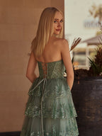 Sky Blue A Line Strapless Ruffle Sequin Lace Wedding Guest Dress - Curvevia