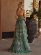 Sky Blue A Line Strapless Ruffle Sequin Lace Wedding Guest Dress - Curvevia