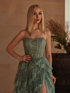 Sky Blue A Line Strapless Ruffle Sequin Lace Wedding Guest Dress - Curvevia