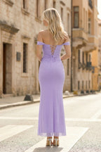 Sky Blue Off The Shoulder Pleated Sheath Long Wedding Guest Dress - Curvevia