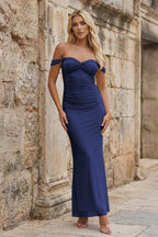 Sky Blue Off The Shoulder Pleated Sheath Long Wedding Guest Dress - Curvevia