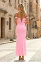 Sky Blue Off The Shoulder Pleated Sheath Long Wedding Guest Dress - Curvevia