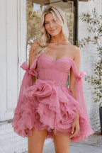Rose Pink A Line Organza Ruffles Corset Homecoming Dresses with Bow Straps - Curvevia