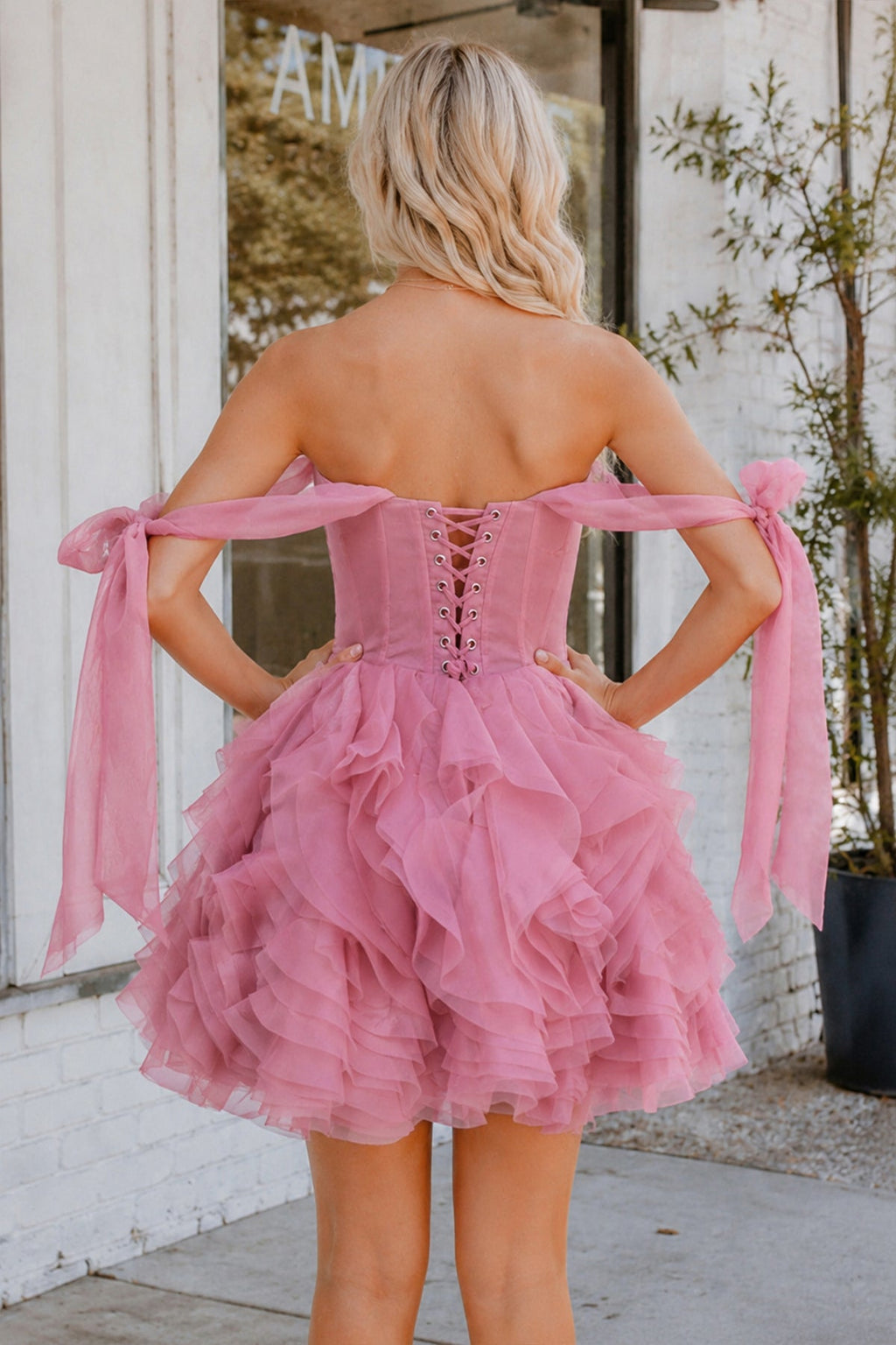 Rose Pink A Line Organza Ruffles Corset Homecoming Dresses with Bow Straps - Curvevia