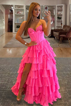 Fuchsia A Line Sweetheart Chiffon Ruffled Long Wedding Guest Dress With Bow - Curvevia