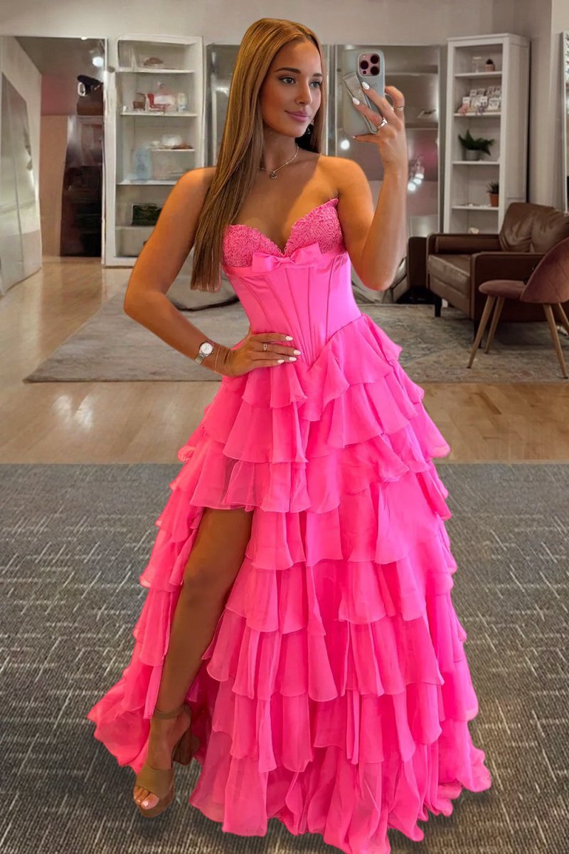 Fuchsia A Line Sweetheart Chiffon Ruffled Long Wedding Guest Dress With Bow - Curvevia