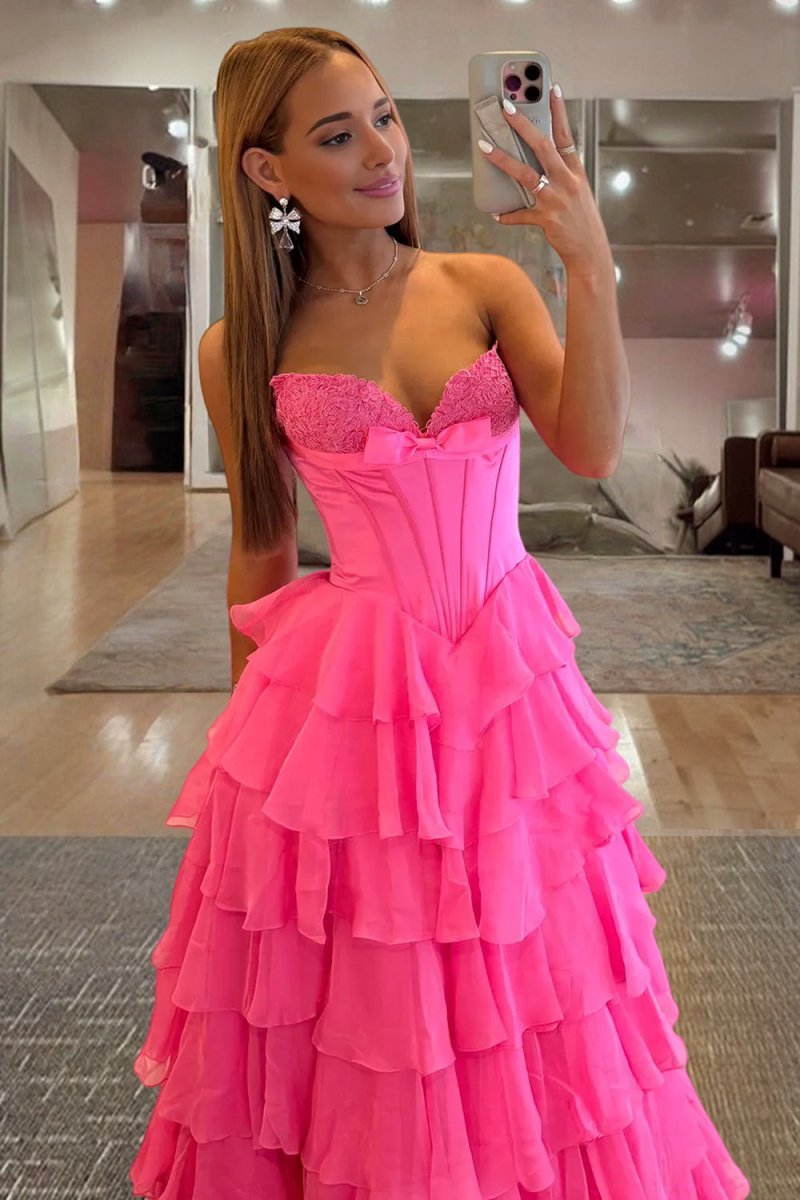 Fuchsia A Line Sweetheart Chiffon Ruffled Long Wedding Guest Dress With Bow - Curvevia