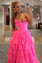 Fuchsia A Line Sweetheart Chiffon Ruffled Long Wedding Guest Dress With Bow - Curvevia