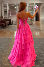Fuchsia A Line Sweetheart Chiffon Ruffled Long Wedding Guest Dress With Bow - Curvevia