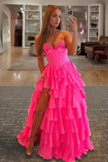 Fuchsia A Line Sweetheart Chiffon Ruffled Long Wedding Guest Dress With Bow - Curvevia