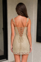 Yellow Sweetheart Lace Sheath Mini Homecoming Dress with Lace-Up Back - Curvevia