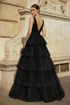 Lavender Tulle Sequin V-Neck Ruffle Tiered Long Prom Dress - Curvevia