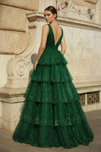 Lavender Tulle Sequin V-Neck Ruffle Tiered Long Prom Dress - Curvevia