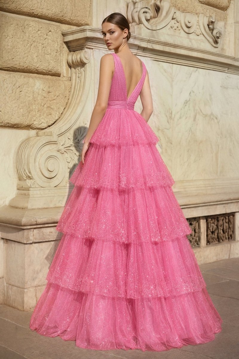 Lavender Tulle Sequin V-Neck Ruffle Tiered Long Prom Dress - Curvevia