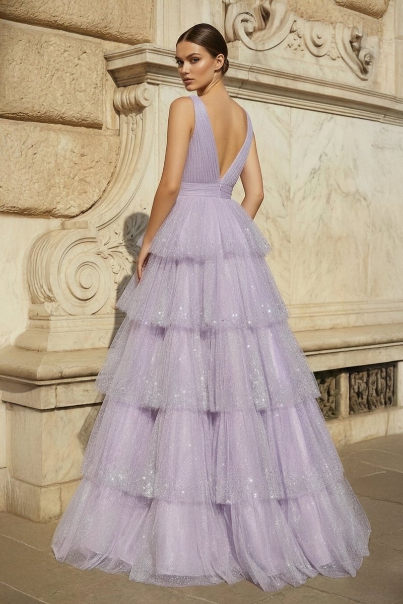 Lavender Tulle Sequin V-Neck Ruffle Tiered Long Prom Dress - Curvevia
