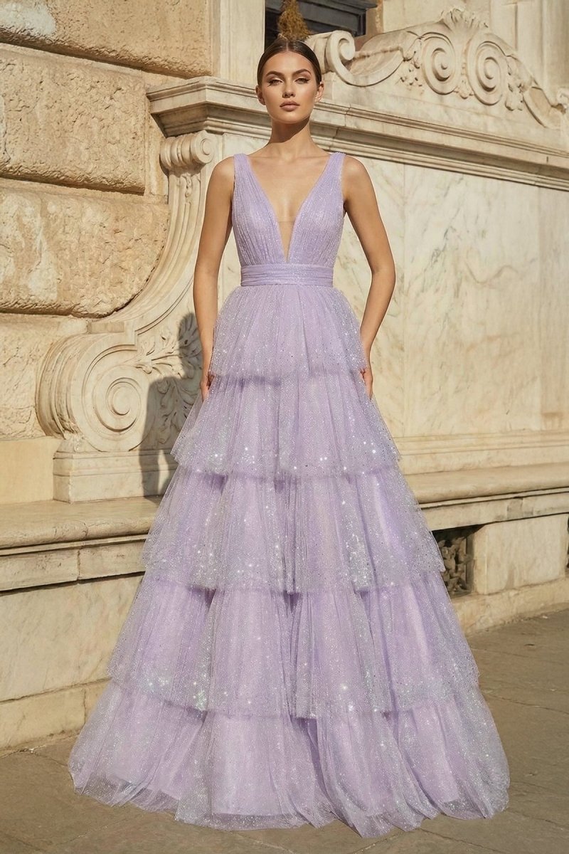 Lavender Tulle Sequin V-Neck Ruffle Tiered Long Prom Dress - Curvevia