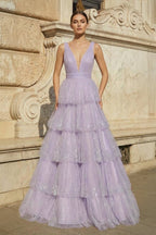 Lavender Tulle Sequin V-Neck Ruffle Tiered Long Prom Dress - Curvevia
