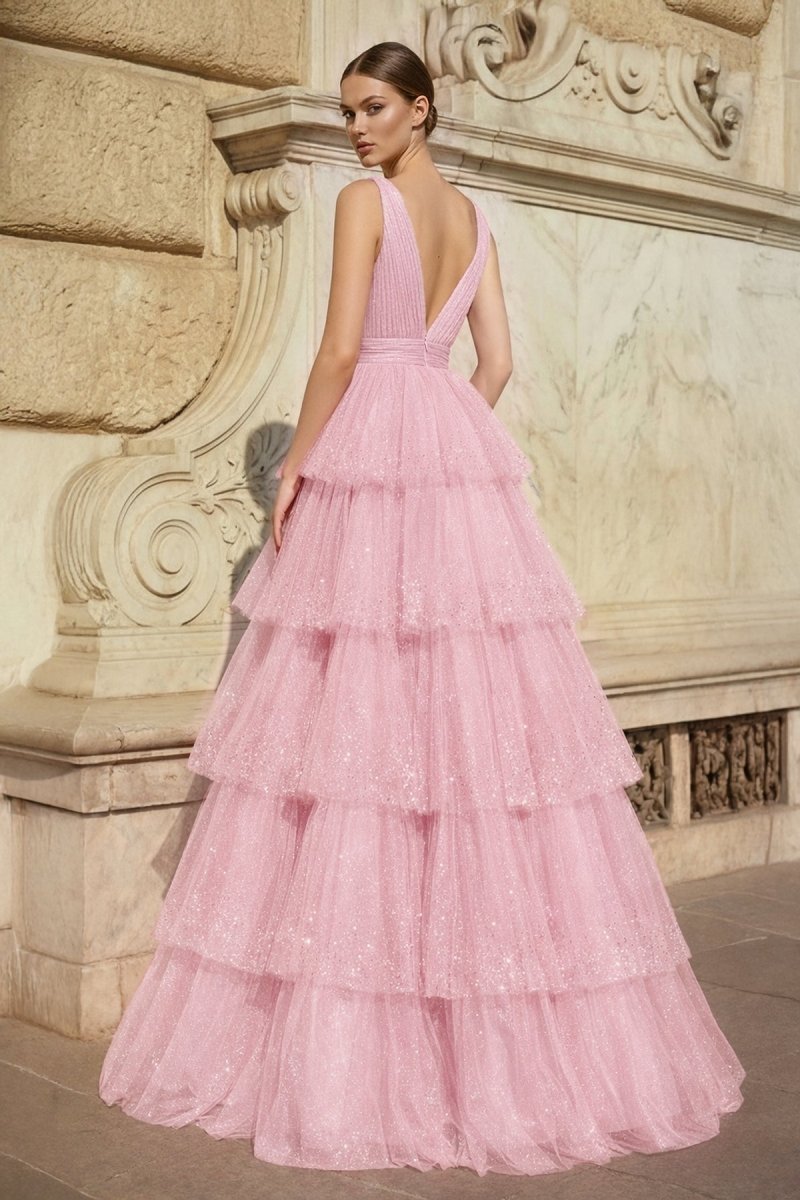 Lavender Tulle Sequin V-Neck Ruffle Tiered Long Prom Dress - Curvevia