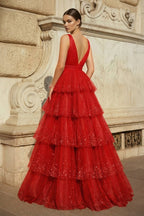 Lavender Tulle Sequin V-Neck Ruffle Tiered Long Prom Dress - Curvevia