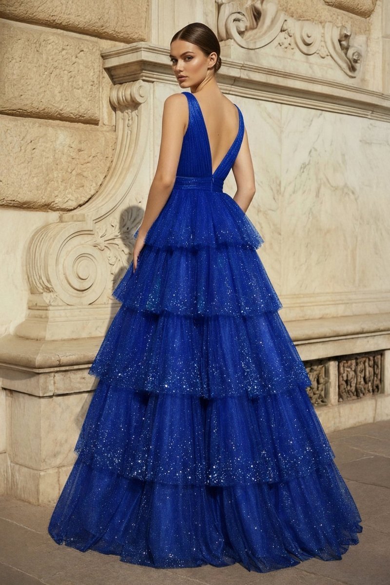 Lavender Tulle Sequin V-Neck Ruffle Tiered Long Prom Dress - Curvevia