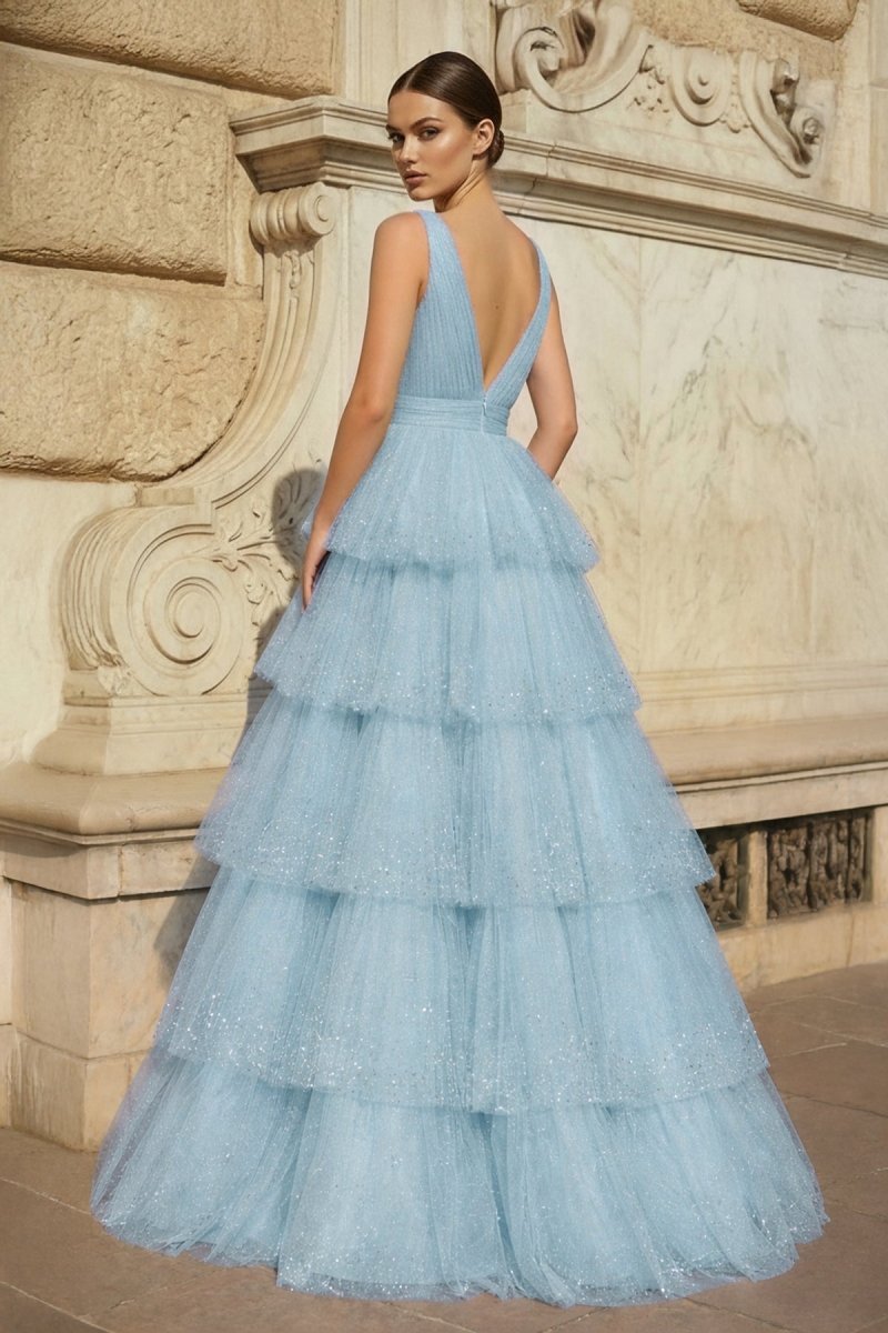 Lavender Tulle Sequin V-Neck Ruffle Tiered Long Prom Dress - Curvevia