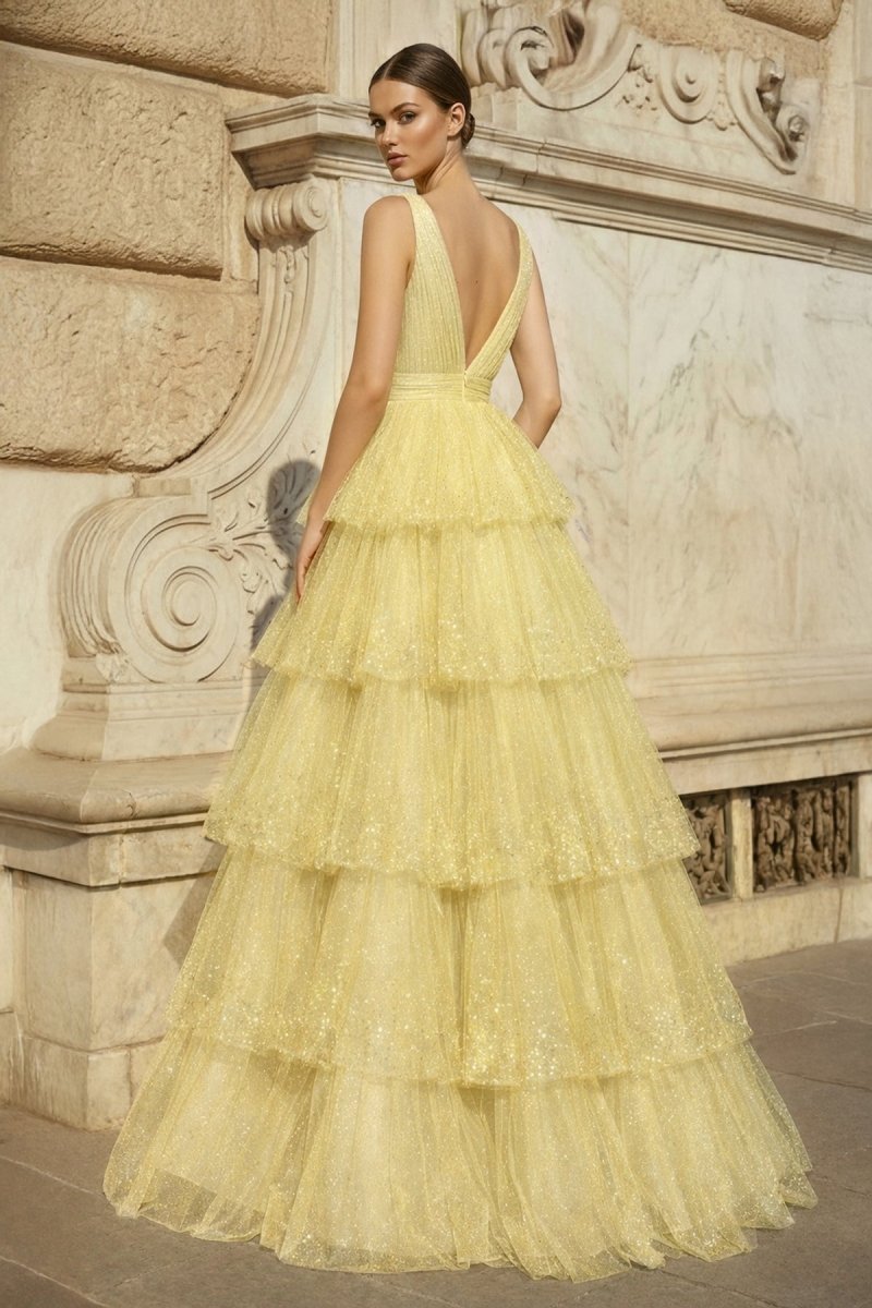 Lavender Tulle Sequin V-Neck Ruffle Tiered Long Prom Dress - Curvevia