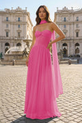Pink Strapless A Line Chiffon Pleated Long Wedding Guest Dress - Curvevia