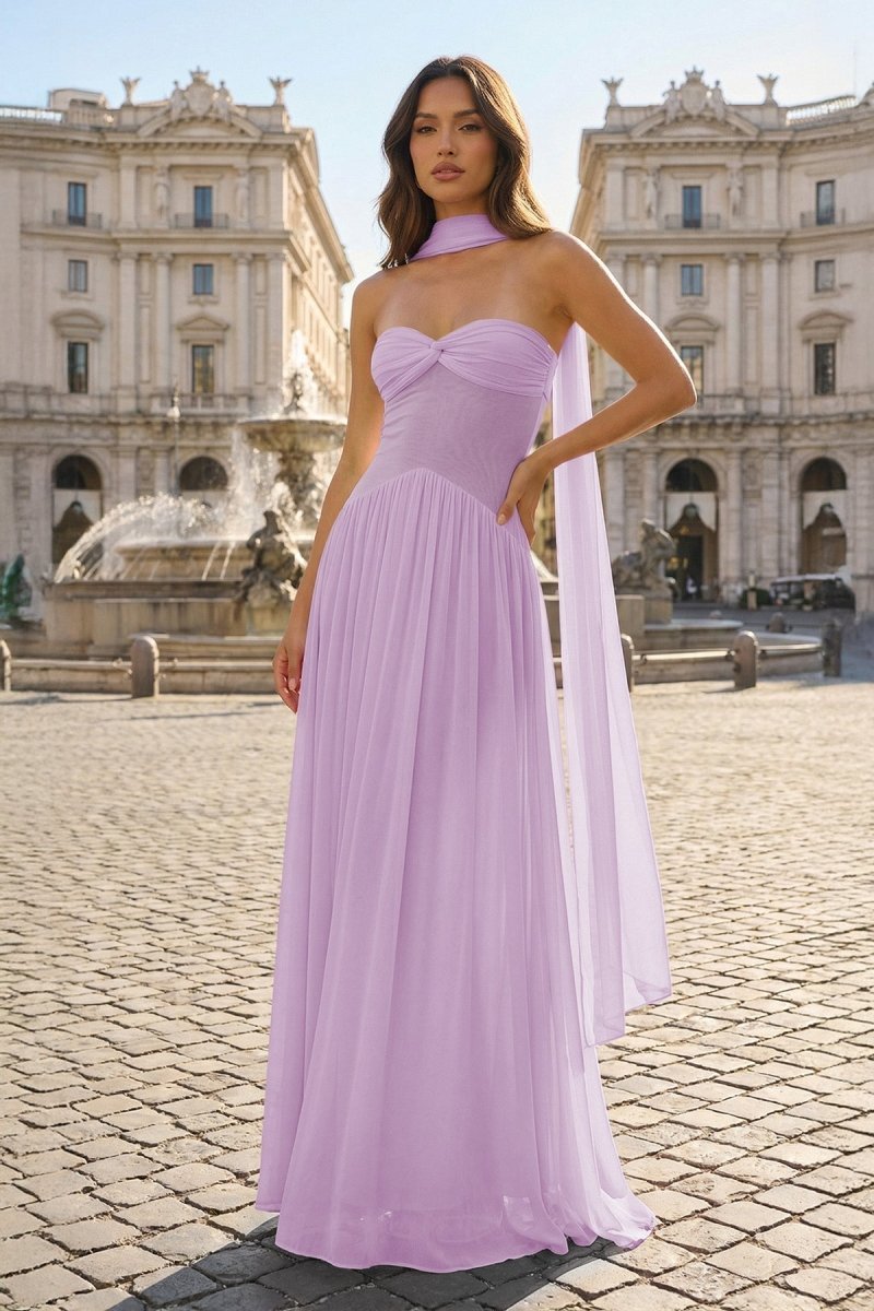 Pink Strapless A Line Chiffon Pleated Long Wedding Guest Dress - Curvevia